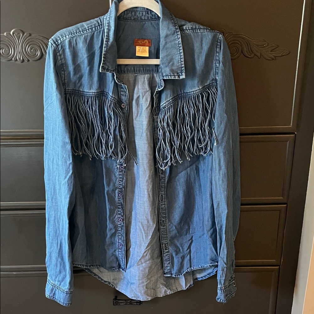 Scully Denim Button-Down Shirt with Fringe - Blue